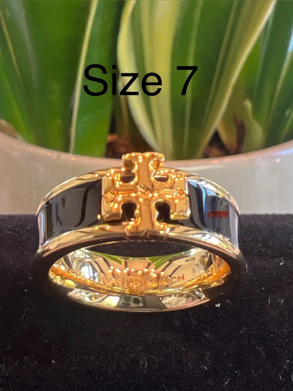 Tory Burch Gold and Black Double-T Band Ring Size 7